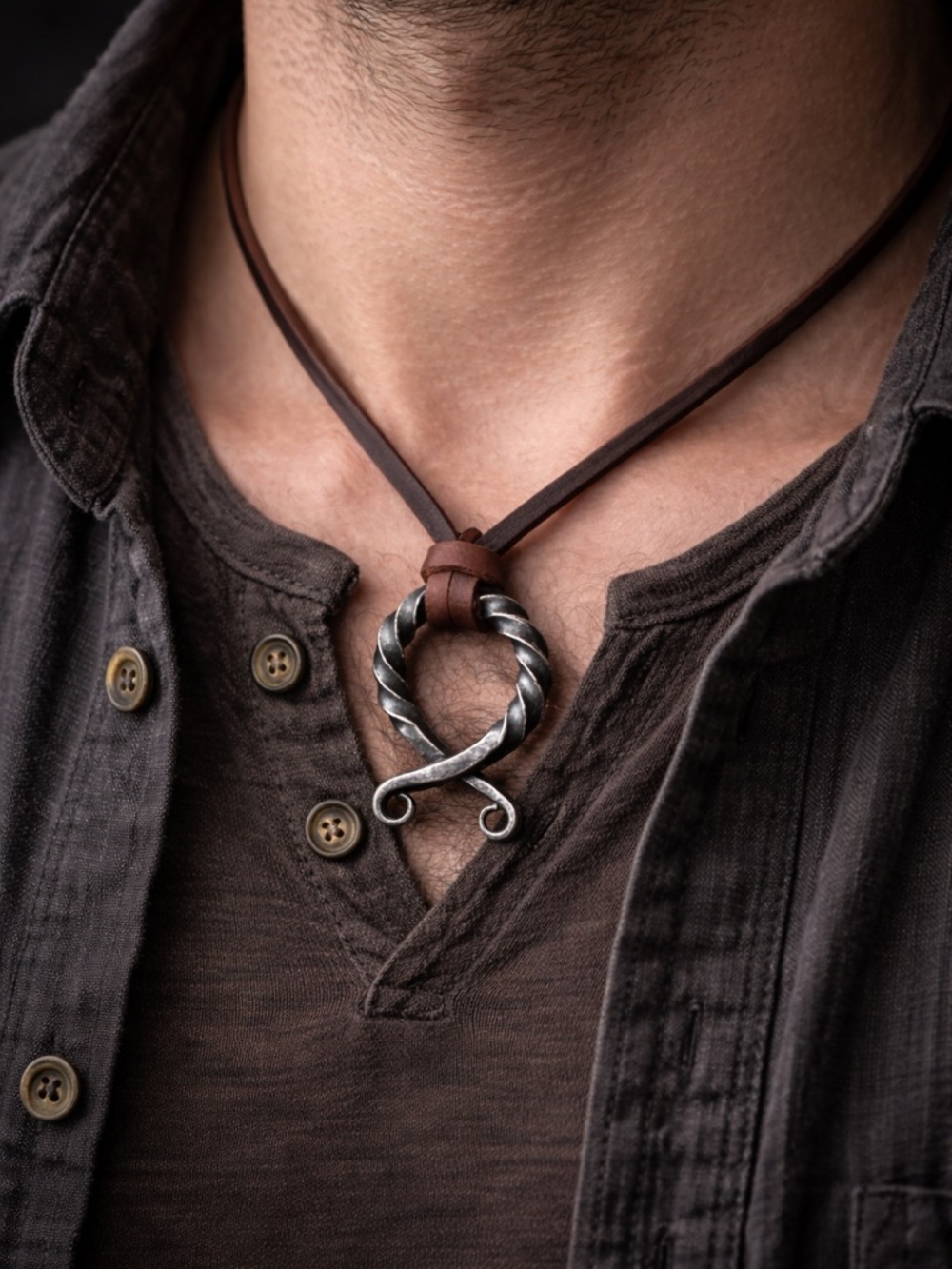 Viking necklace Twisted Metal Loop Pendant on Brown Leather Cord
